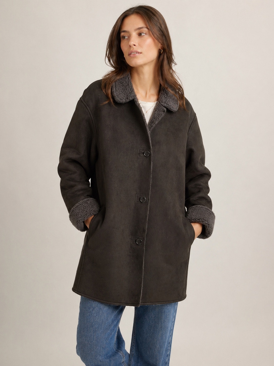 Lands’ End Faux Shearling Coat Sherpa Lined Barn Jacket Size Large